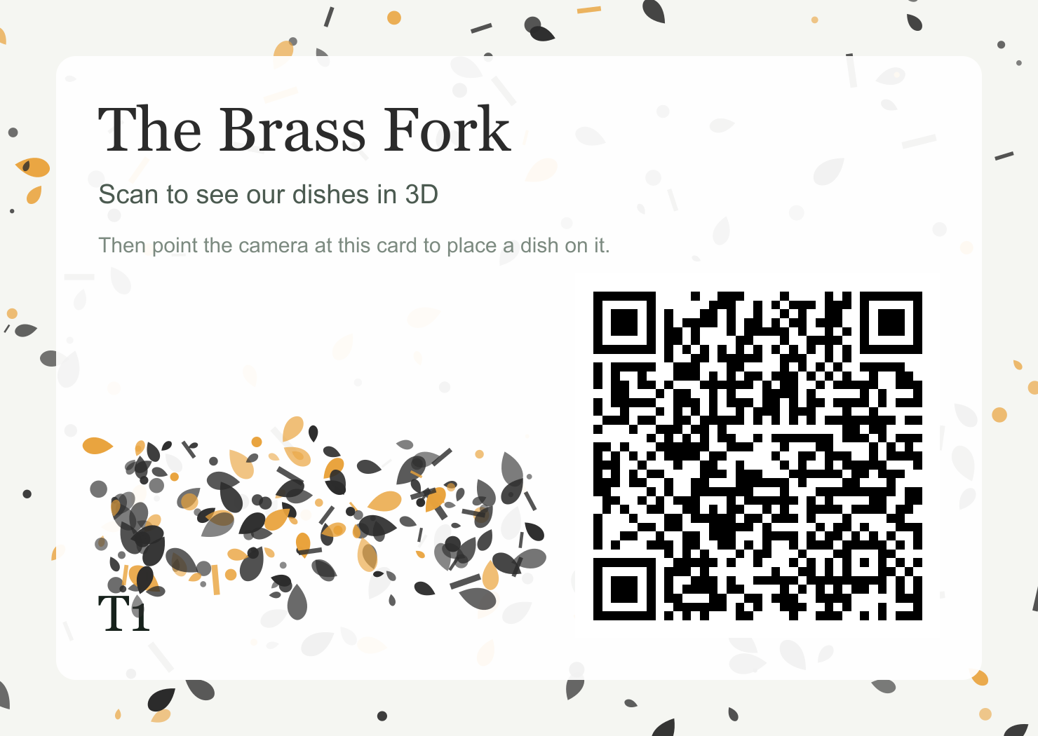 The Brass Fork table card. Point a phone camera at it after opening the demo menu.